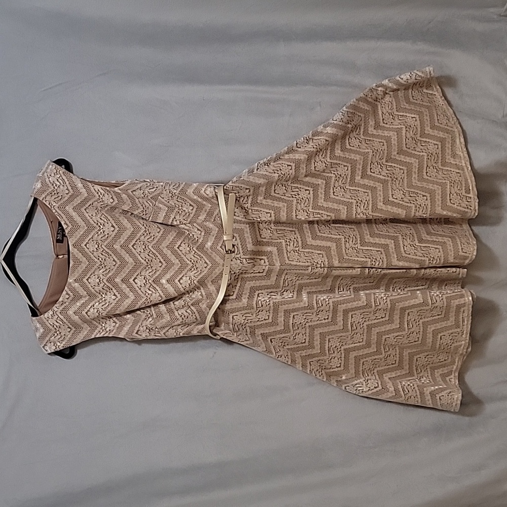 Sleeveless Lace Dress, Size 8, Zipper on Back, Tan Color, Tan/Gold Color